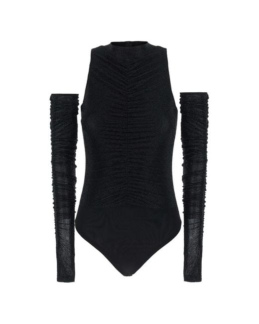 Twentyfourhaitch Black Crystal-Embellished Ruched Bodysuit