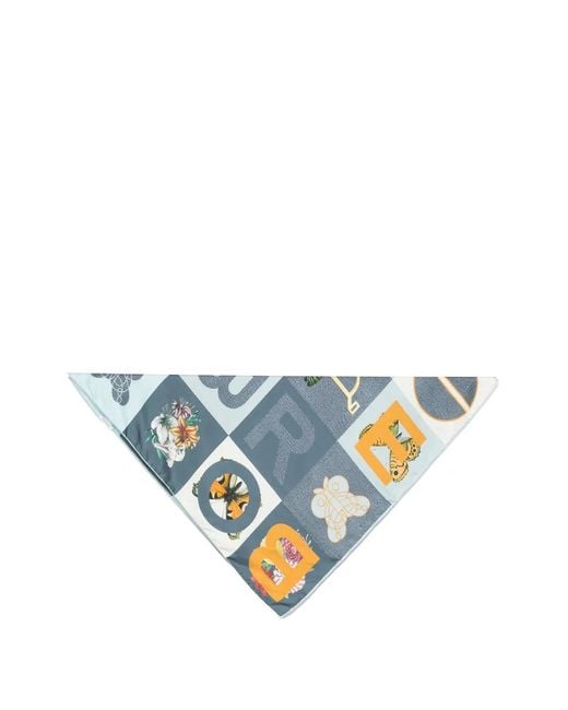 Borbonese Blue Floral-Print Logo-Patch Scarf