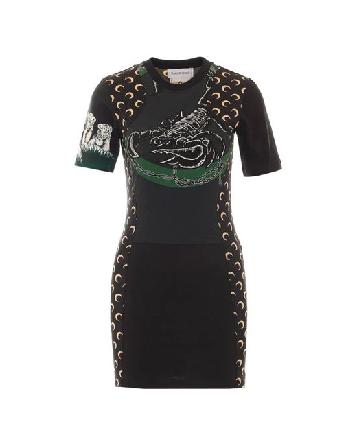 MARINE SERRE Black Printed Asymmetrical Dress