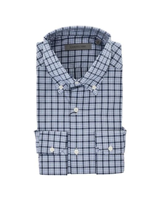 Corneliani Blue Checked Button-Down Shirt for men