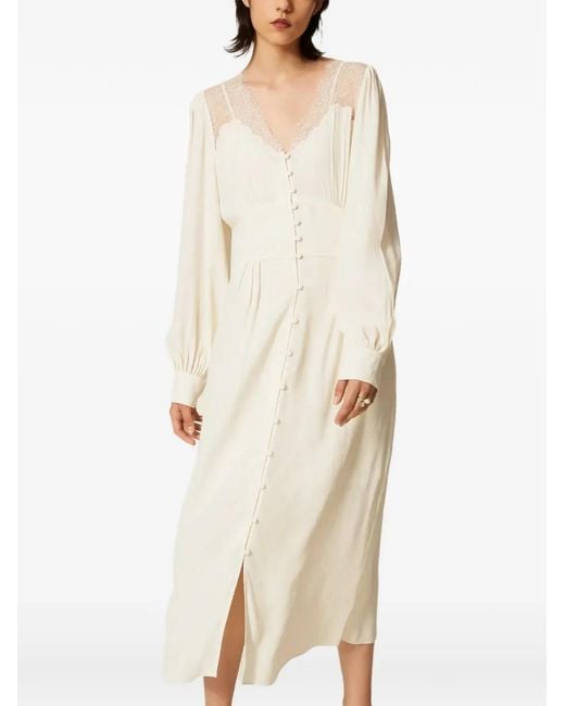 Twinset White Long Jacquard Dress With Lace