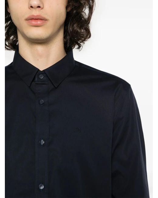 Calvin Klein Blue Monogram-Embroidered Cotton Shirt for men