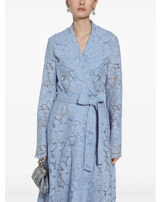 Dolce & Gabbana Blue Floral Cordonetto Lace Trench Coat With Dg Logo