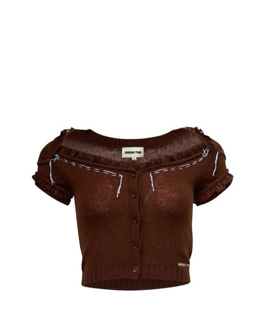 ShuShu/Tong Brown Ruffle-Trimmed Short-Sleeve Cardigan