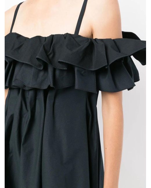 Goen.J Black Cold-Shoulder Ruffled Dress