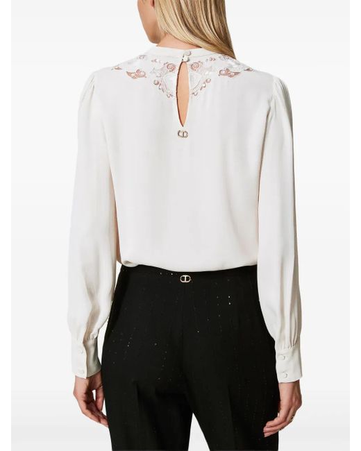 Twinset White Floral-Embroidered Crepe Blouse