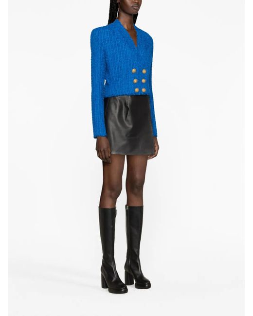 Balmain Blue Double-Breasted Cropped Tweed Jacket