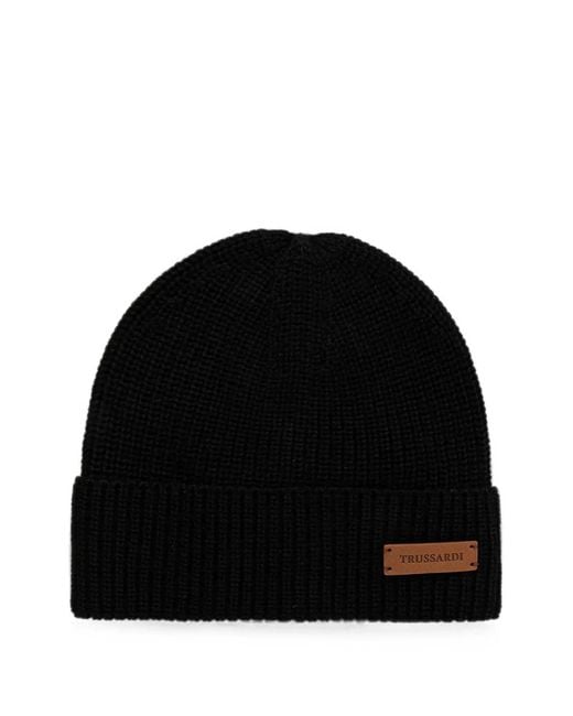 Trussardi Black Logo-Patch Ribbed-Knit Beanie Hat for men