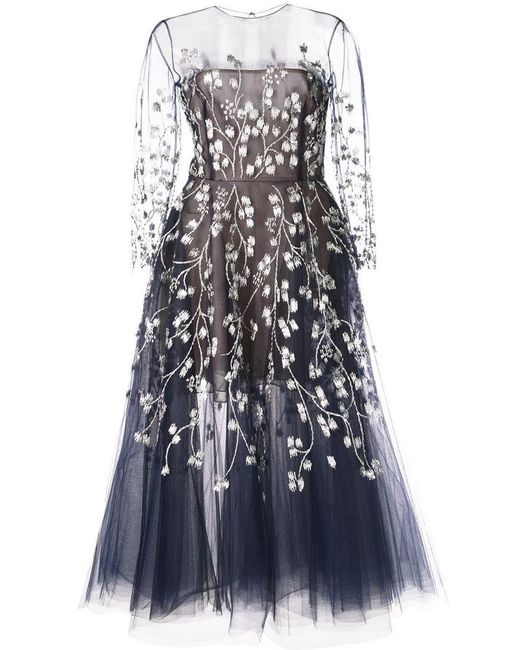 Oscar de la Renta Blue Floral Embroidery Sheer Dress