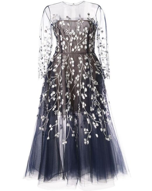 Oscar de la Renta Blue Kleid mit Blumenstickerei