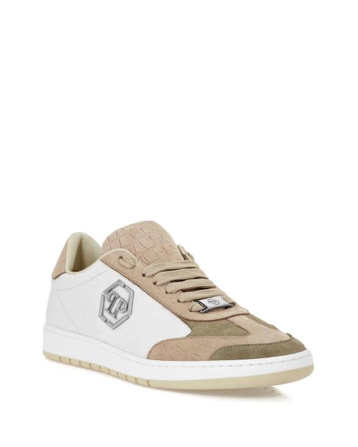 Philipp Plein White Mixed Monogram Crocodile-effect Sneakers