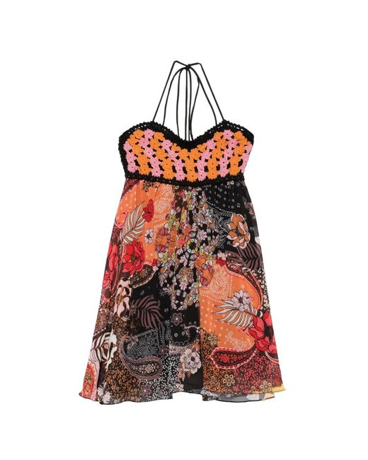 FK Red Crochet-Knit Floral-Patchwork Mini Dress