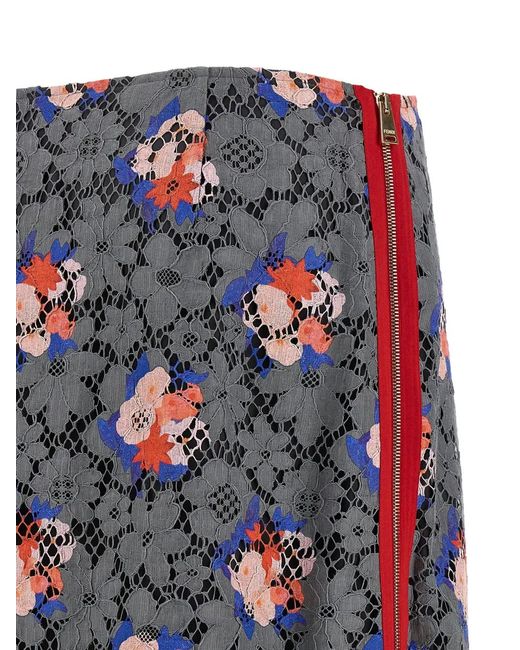 Fendi Gray Lace Floral-Pattern Midi Skirt