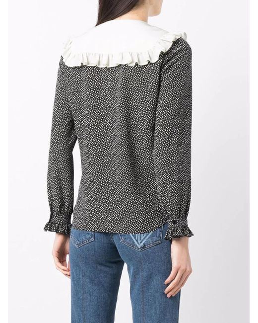 Saint Laurent Black Frilled Blouse In Dotted Silk Crepe De Chine