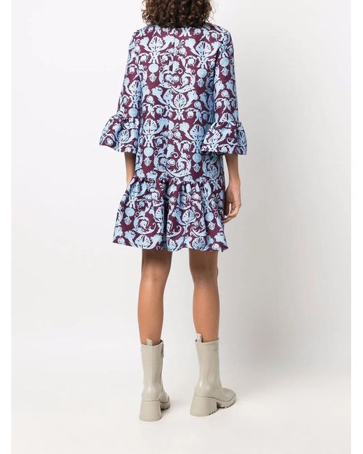 LaDoubleJ Blue Brocade-Print Flared-Cuff Dress