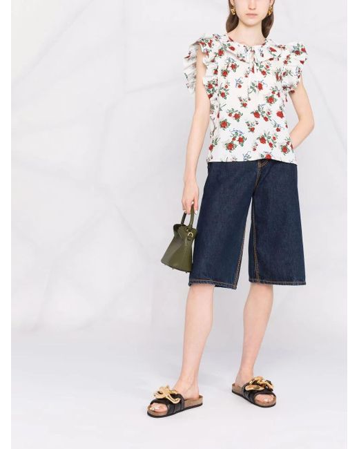 See By Chloé White Floral-Print Ruffle-Collar Blouse