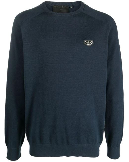 Philipp Plein Blue Logo-Plaque Jumper for men