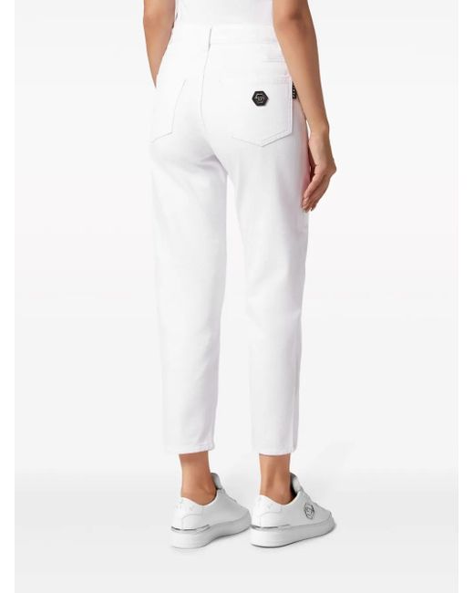Philipp Plein White Heart-Patches Cropped Jeans