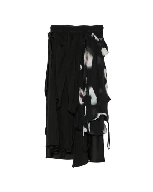 ALAINPAUL Black Poppy-Print Draped Midi Skirt
