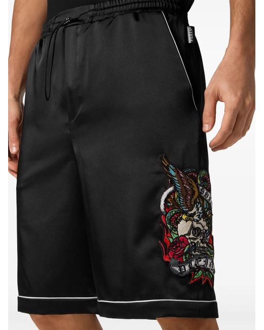 Philipp Plein Black Tattoo-Print Satin Shorts for men