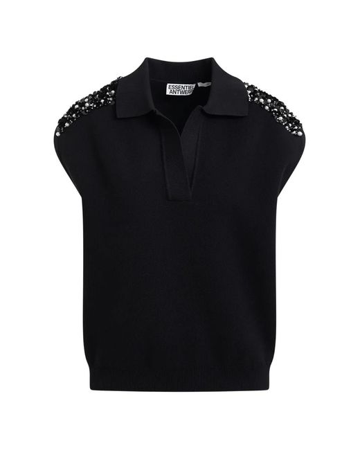 Essentiel Antwerp Black Sleeveless Embellished Shoulders Polo Top
