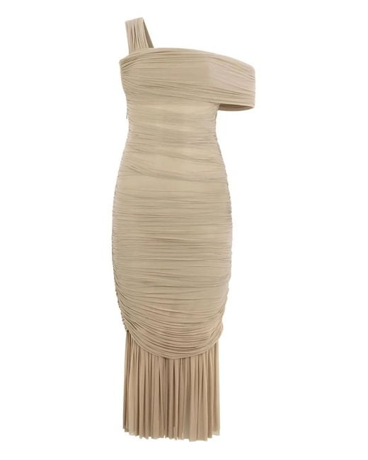 Roberto Cavalli Natural Ruffled One-Shoulder Midi Dress