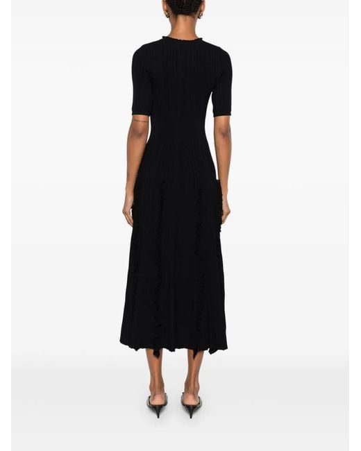 Sandro Black Ruffle-Trimmed Ribbed-Knit Midi Dress