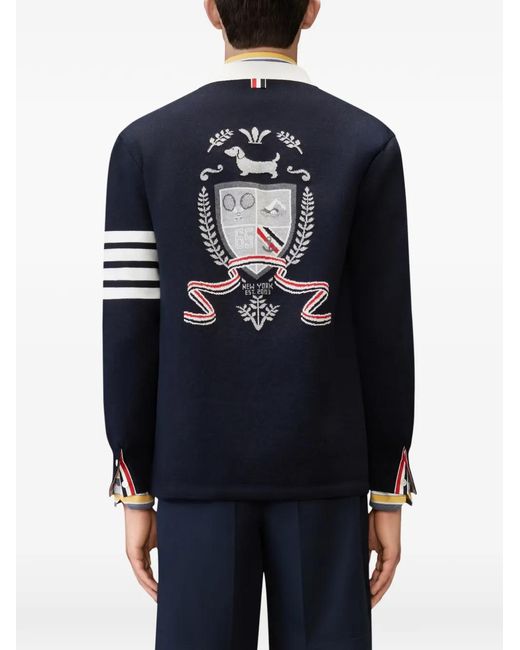 Thom Browne Blue Crest Intarsia Jacquard 4-Bar Rugby Fit Cardigan for men