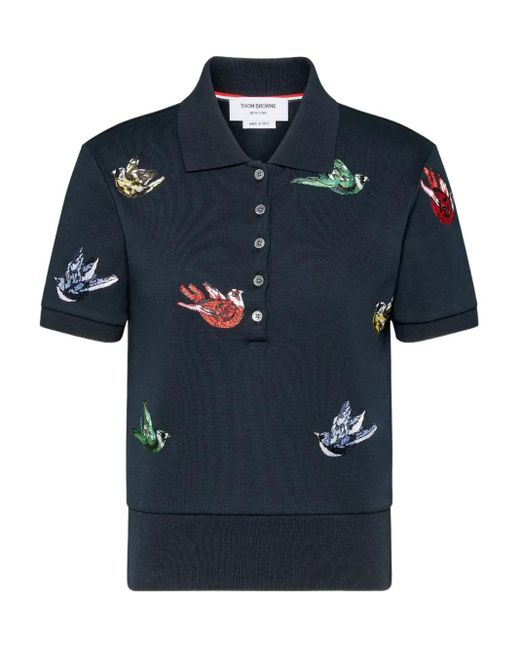Thom Browne Blue Satin Stitch Bird Embroidery Polo