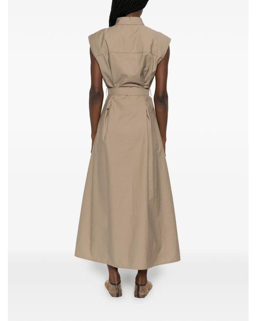 Brunello Cucinelli Natural Robe Mi-Longue Sans Manches À Taille Ceinturée