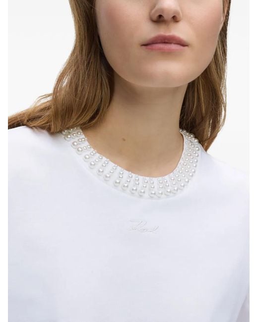 Karl Lagerfeld White Pearl-Embellished T-Shirt