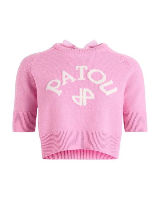 Patou Pink Logo-Intarsia Ribbon-Detailed Sweater