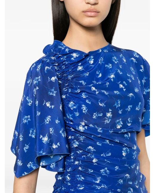 Victoria Beckham Blue Floral-Print Smocked Asymmetric Dress
