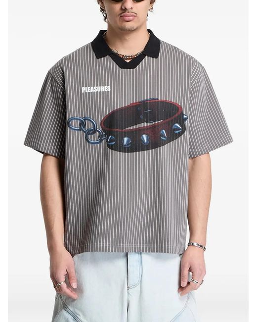 Pleasures Gray Pinstripe Graphic-Print Polo Shirt for men