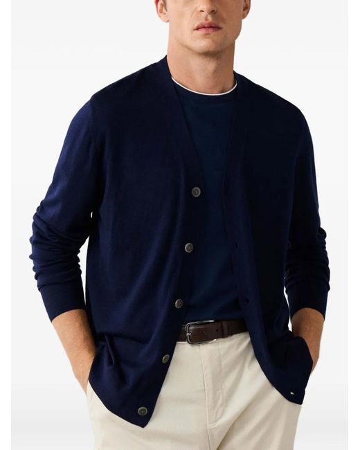 Hackett Blue Merino Wool V-Neck Cardigan for men