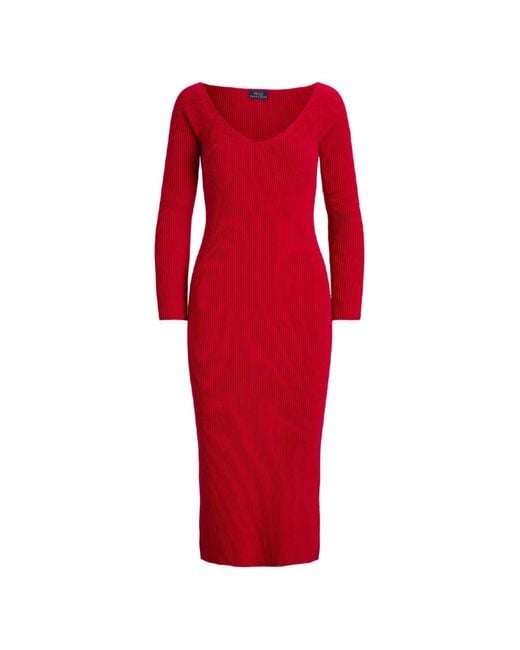 Polo Ralph Lauren Women's Red Fitted V-Neck Midi Dress Polo Ralph Lauren Women's Red Fitted V-Neck Midi Dress