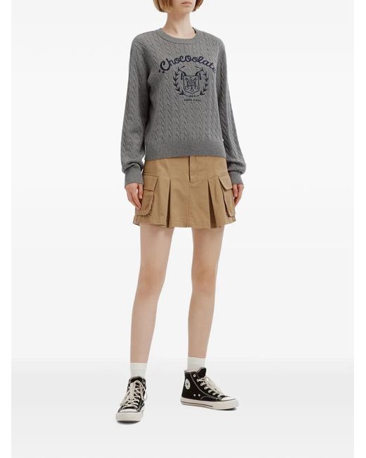 Chocoolate Gray Cable-Knit Embroidered Sweater