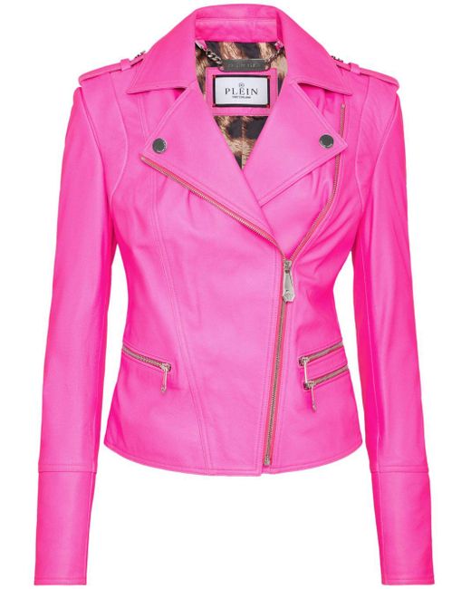 Philipp Plein Pink Leather Biker Jacket
