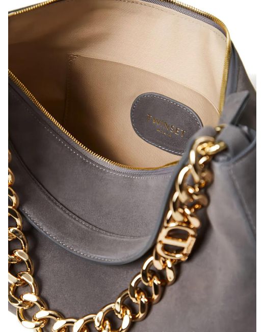 Twinset Black Chain-Embellished Suede Shoulder Bag