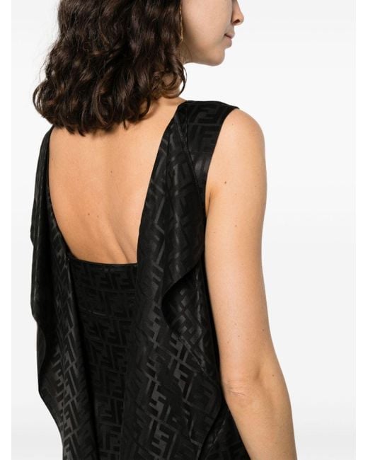 Robe longue en soie à motif monogrammé Fendi en coloris Black