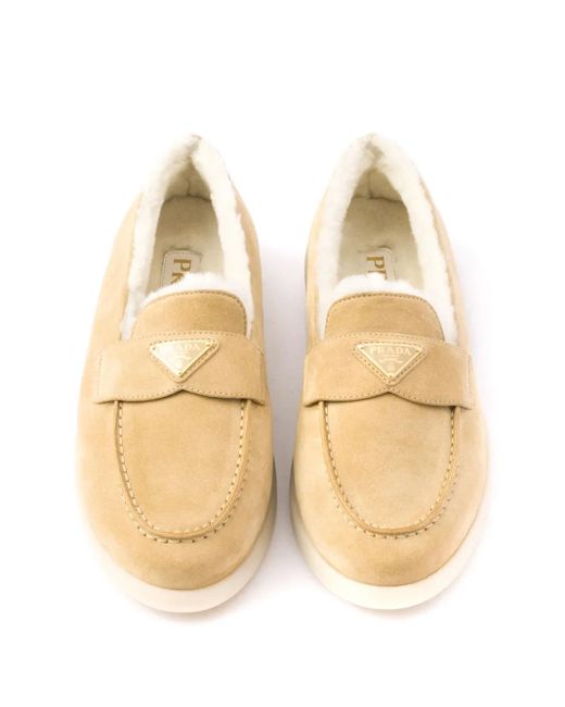 Prada Natural Suede-Shearling Triangle Loafers