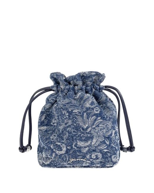 Ganni Blue Denim Waist Bag With Floral Motif