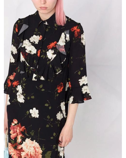 Erdem Black Bell Floral-Print Shirt Dress