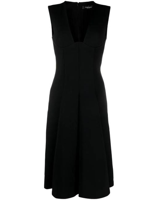 Versace Black Box-Pleat Sleeveless Midi Dress