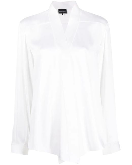 Giorgio Armani White V-Neck Long-Sleeves Silk Shirt