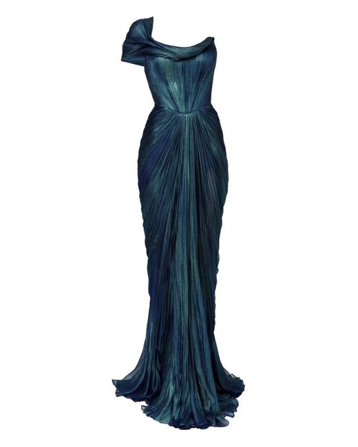 IRIS SERBAN Blue Draped One-Shoulder Silk Dress
