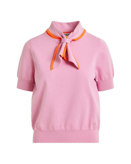 Essentiel Antwerp Pink Contrasting Collar Fine-Knit Polo Top