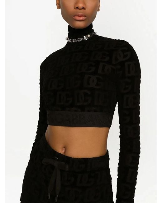 Dolce & Gabbana Black Logo Print Roll Neck Crop Top