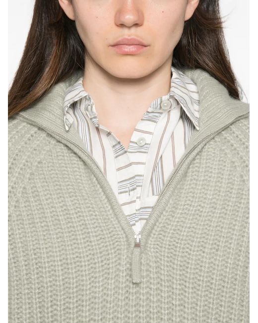 Allude Green Ribbed-Knit Zip-Up Sweater