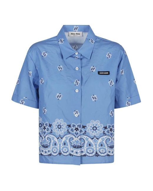 Camicia A Maniche Corte Con Stampa Bandana di Miu Miu in Blue